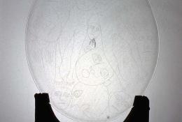 P. Martinuzzi (Venezia, 1933 – 2010), Al Vento (large), early ‘80s, Unique piece, Blown-glass sheet, engraved with diamond pen by the artist, support in wood and iron, 56 x 36 cm