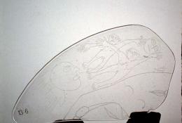 P. Martinuzzi (Venezia, 1933 – 2010), Al Vento (small), early ‘80s, Unique piece, Blown-glass sheet, engraved with diamond pen by the artist, support in wood, 18 x 15 cm