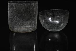 P. Martinuzzi (Venezia, 1933 – 2010), Untitled (little vase, tall vase and bowl with geometric patterns), early ‘80s, Unique piece, Hand-blown glass, acid-etched, engraved with diamond pen, Little vase h 5,4 x Ø 6 cm, Tall vase: h 12,4 x Ø 3 cm, Bowl: h 4,5 x Ø 9,5 cm