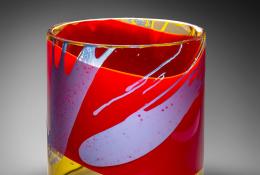 Senza titolo cilindro gaggia e rosso, smalti giallo, azzurro.2024