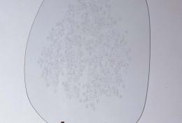 P. Martinuzzi (Venezia, 1933 – 2010), Untitled (sheet with figures), early ‘80s, Unique piece, Blown-glass sheet, engraved with diamond pen by the artist, support in iron, 35 × 31 cm